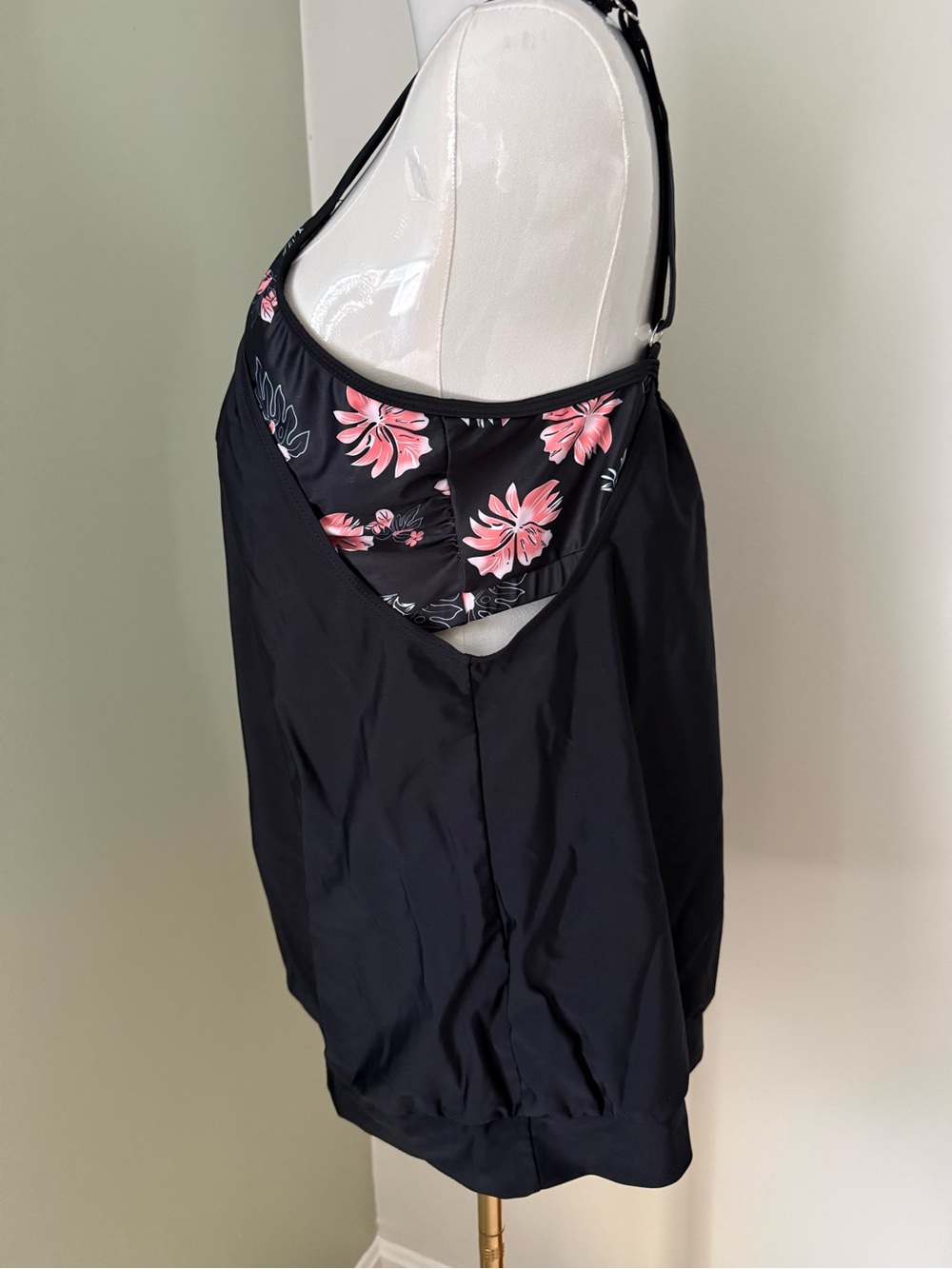 Black Tankini Swim Top with Pink Floral Accent
